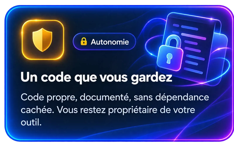 Autonomie — Un code que vous gardez : code propre, documenté, sans dépendance cachée.
